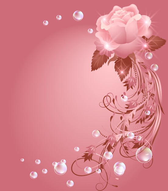 Glowing background with rose, stars and bubbles