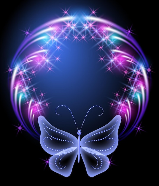 Glowing background with round frame and transparent butterfly