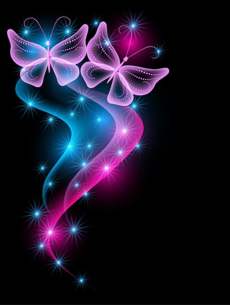 Vector glowing background with smoke stars and butterflies