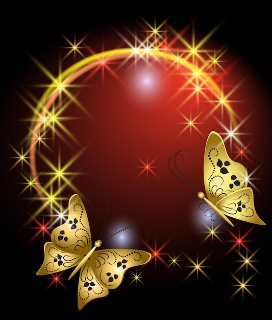 Vector glowing background with stars and butterflies