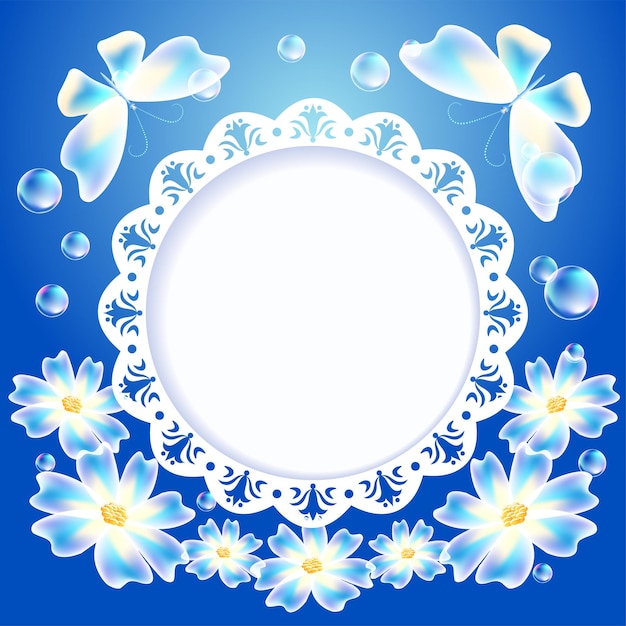 Vettore sfondo blu brillante con farfalle trasparenti, fiori e cornice traforata per testo o foto