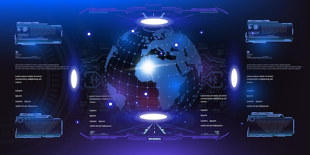 Vector glowing blue ball of planet earth futuristic cyber background of user interface with hud gui elements hightech model of the globe displayed in the holographic hud vector background