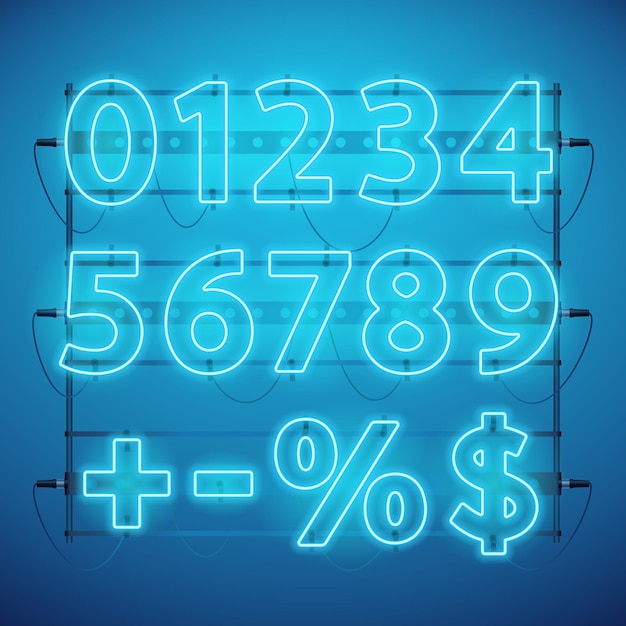 輝く青いネオンの数字と記号