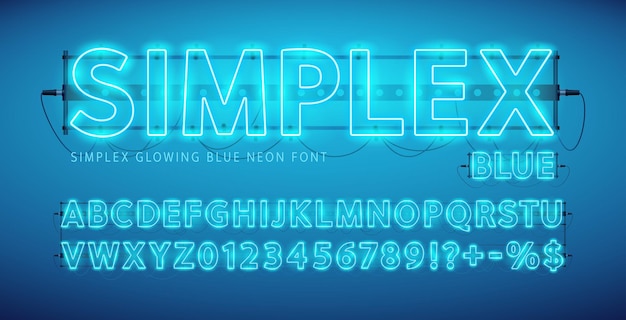 Vector glowing blue neon simplex font