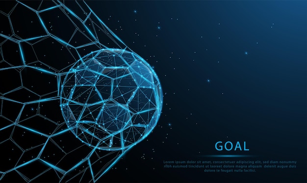 Glowing blue Soccer ball in the goal Low polygon particle and Wireframe light style design