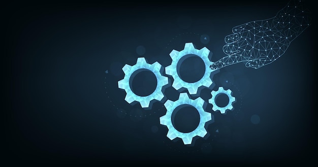 Glowing cogwheel icon on dark blue background