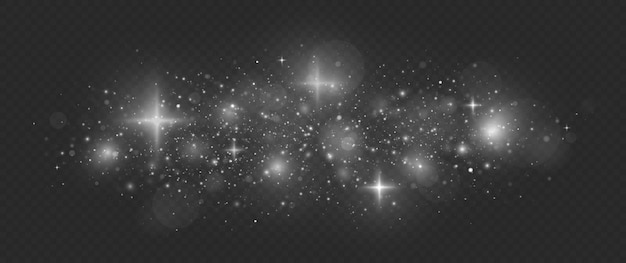빛나는 먼지 입자 효과. 흰색 불꽃과 별은 특수 조명 효과를 반짝입니다.