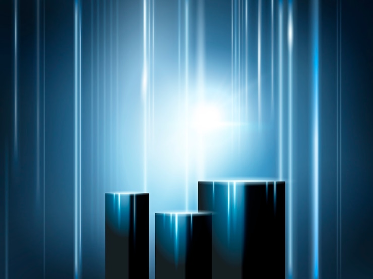 Vector glowing exhibition stage, cuboids for product displaying with rays and light effects