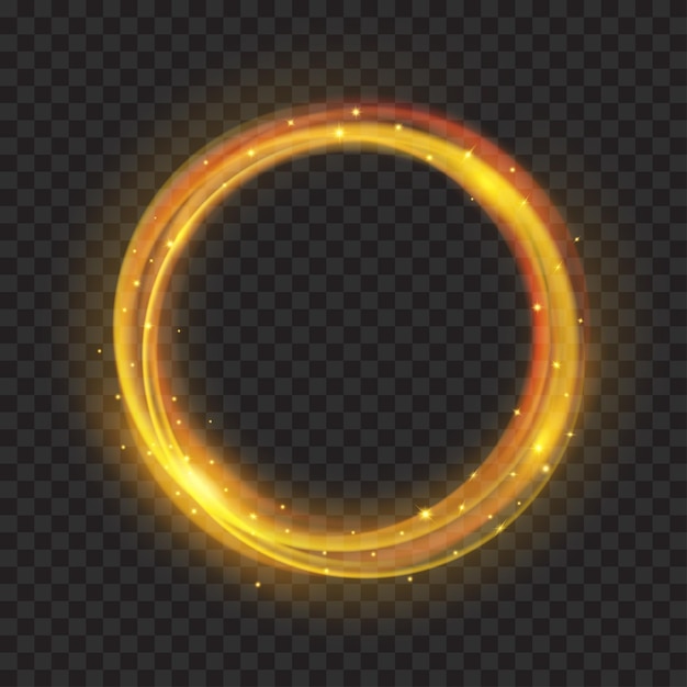 Glowing fire rings with glitter in gold colors on transparent background. Light effects. For used on dark backgrounds. Transparency only in vector format