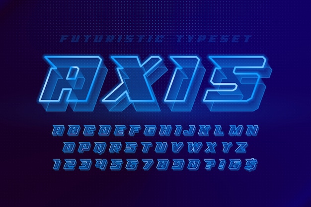 Glowing futuristic sci-fi alphabet, creative characters set.