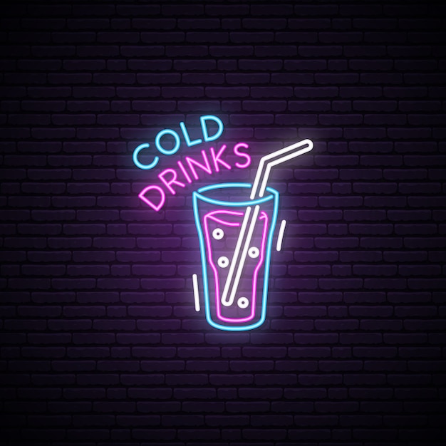 Glowing glass of cold drink. insegna al neon.