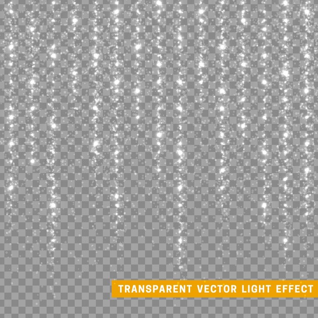 Светящиеся блестящие световые эффекты изолированы реалистично. Элемент дизайна рождественских украшений. Блики линзы солнечного света. Сияющие элементы и звезды. Белая текстура. Фон частиц. векторная иллюстрация