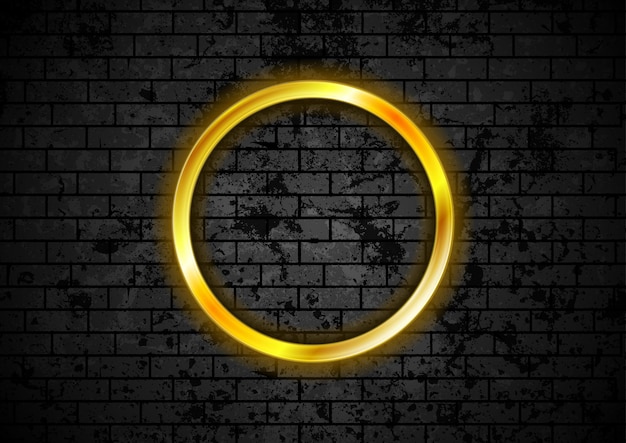 Glowing golden neon circle frame on brick wall