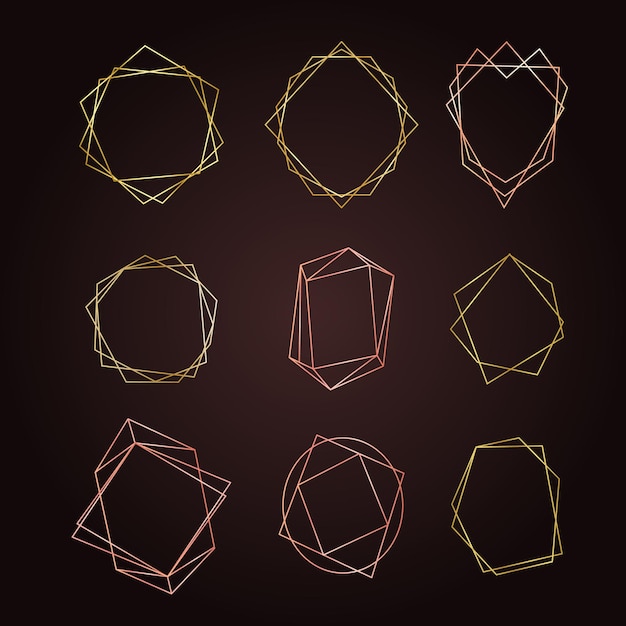 Glowing golden polygonal frames collection isolated on transparent background Shining multangular b
