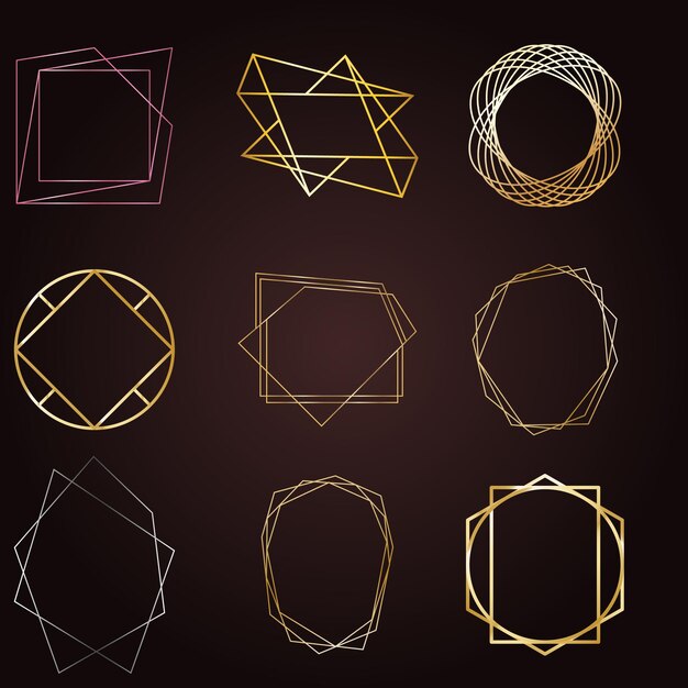 Glowing golden polygonal frames collection isolated on transparent background Shining multangular b
