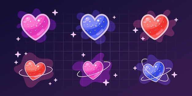 Glowing heart stickers y2k shapes with frames hears stars spacial elements and liquid