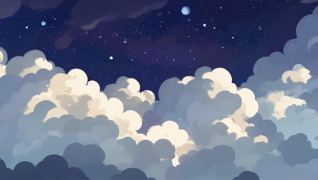 夜空の背景に照らされた雲の輝く手描きの絵画イラスト