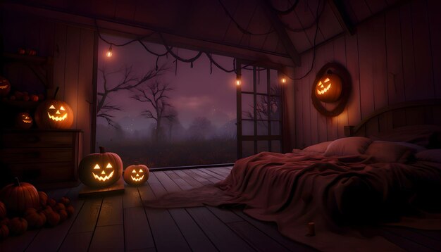 Vector glowing jackolantern pumpkins hung in the room overlooking the terrace bed trees and autumn a halloween image