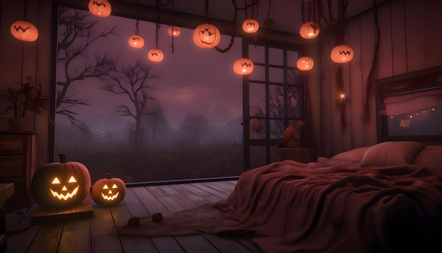 Glowing jackolantern pumpkins hung in the room overlooking the terrace bed trees and autumn a Halloween image