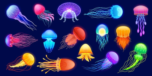 Premium Vector | Glowing jellyfish cartoon underwater exotic sea animals of different colors and shapes floating in water vector cute transparent undersea creatures set Premium Vector | Glowing jellyfish cartoon underwater exotic sea animals of different colors and shapes floating in water vector cute transparent undersea creatures set