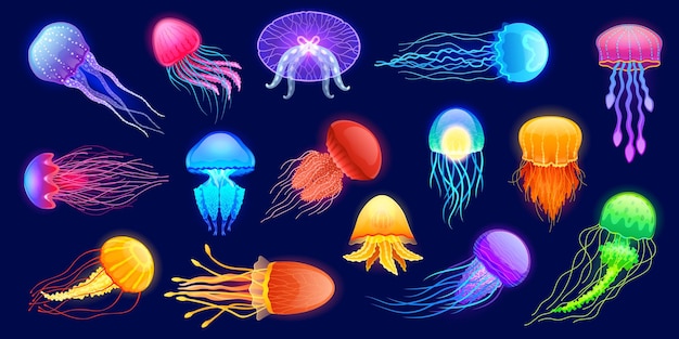 輝くクラゲ漫画水中エキゾチックな海の動物のさまざまな色や形が水に浮かぶベクトルかわいい透明な海底の生き物セット