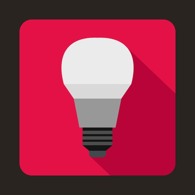 Glowing LED bulb icon in flat style on a pink background