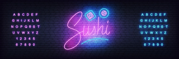 Glowing lettering sushi and rolls