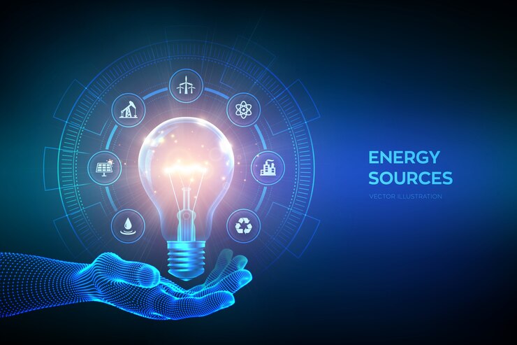 Vector glowing light bulb with energy resources icons in hand. electricity and energy saving concept. energy sources.