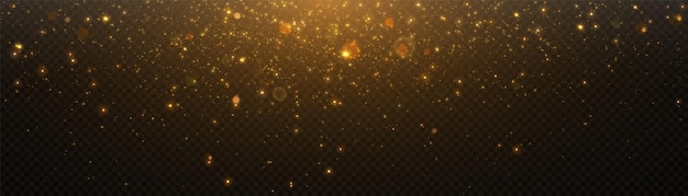 Glowing light effect in yellow gold color with lots of shiny particles isolated on dark background