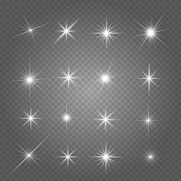 Vettore effetto di luci incandescenti, bagliori, esplosioni e stelle. particelle di polvere magica scintillante. stella luminosa. sole splendente trasparente, acque cristalline