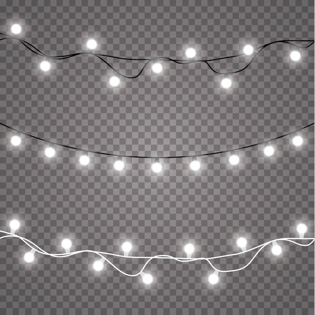 Glowing lights for holidays. Transparent glowing garland. White glowing lights for greeting card design. Garlands, Christmas decorations. EPS 10