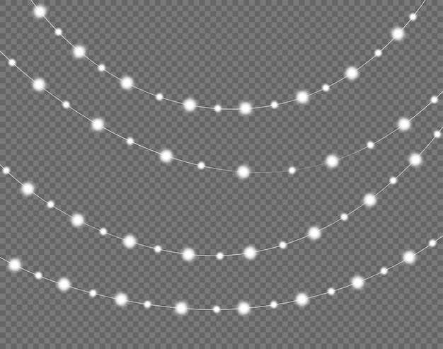 Светящиеся огни на праздники. Прозрачная светящаяся гирлянда. Белые светящиеся огни для дизайна поздравительных открыток. Гирлянды, украшения