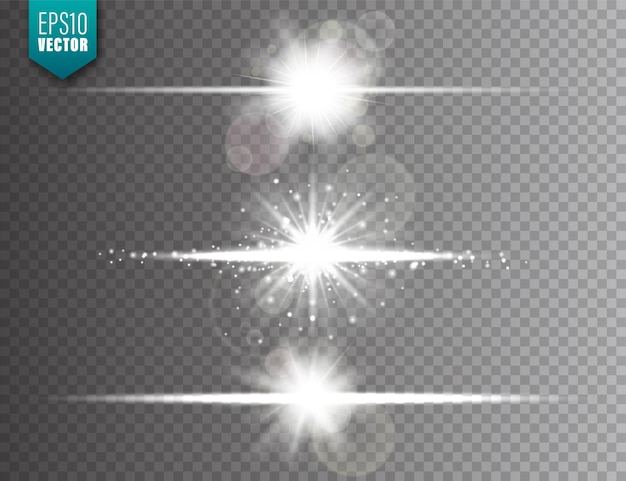 Светящиеся огни, установленные на прозрачном фоне, эффект вспышки линзы, яркий мерцающий вспышка солнечного света