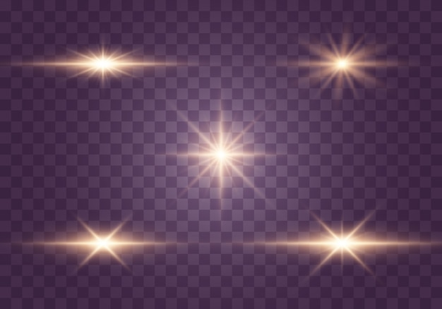 Glowing lights and stars. Isolated on  transparent background. Set of light explodes. Sparkling magical dust particles.