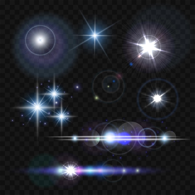 Glowing lights, stars and sparkles. vector illustration on transparent background, eps 10.