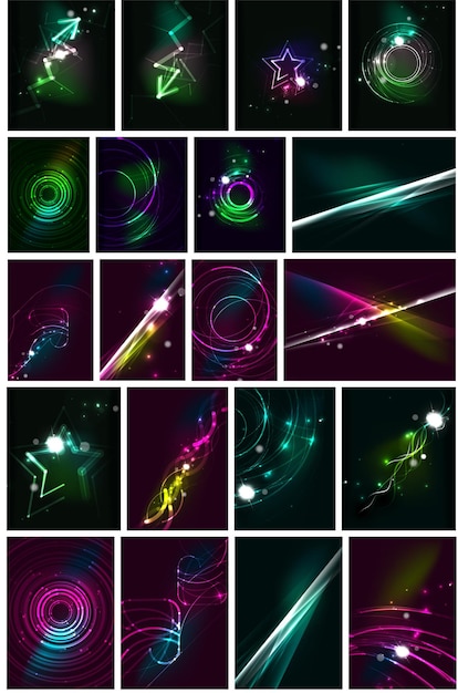 Vector glowing lines in the dark space set of abstract backgrounds