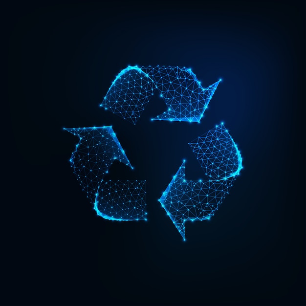 Glowing low poly recycle sign icon made of connected lines