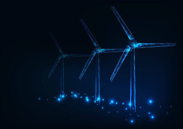 Glowing low poly  wind mills. 