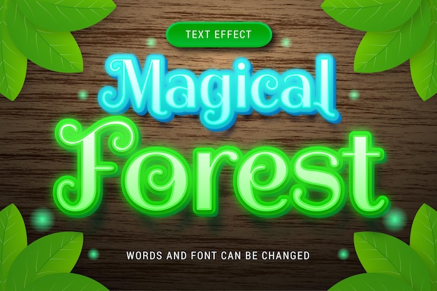 Glowing magical forest text effect isolated on wood background editable eps cc