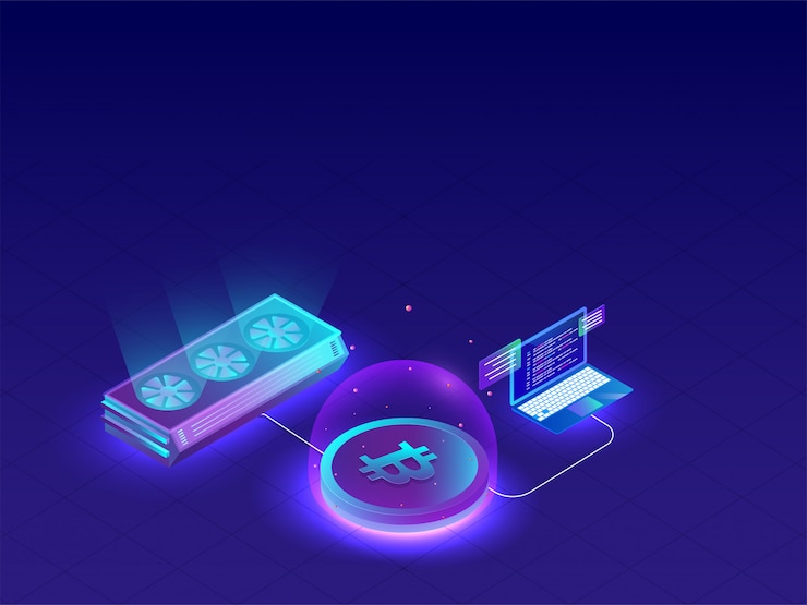 Vector glowing mining or bitcoin servers connected with laptop.