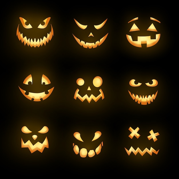 Glowing monster faces isolated icons, halloween horror emoticons.