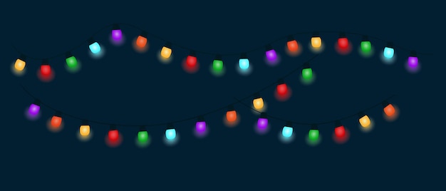 A glowing multicolored Christmas garland on a dark background. Vector