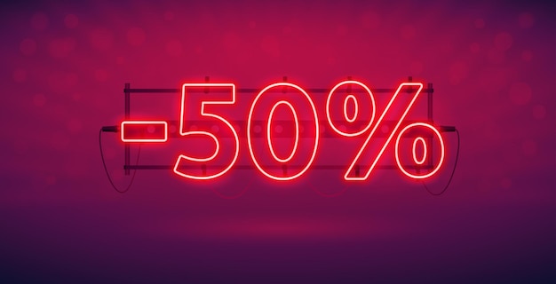 Banner di sconto al neon luminoso del 50%.