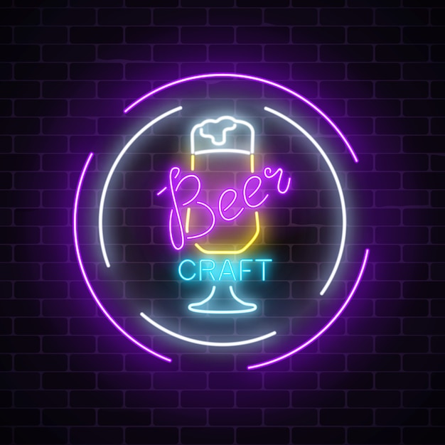 Glowing neon beer bar glass sign in circle frames on dark brick wall background.