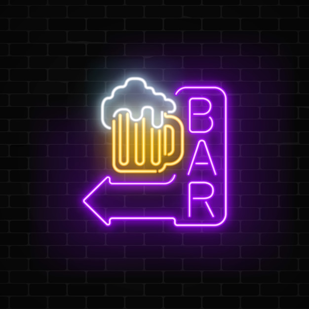 Glowing neon beer bar signboard with arrow on dark brick wall Luminous advertising sign