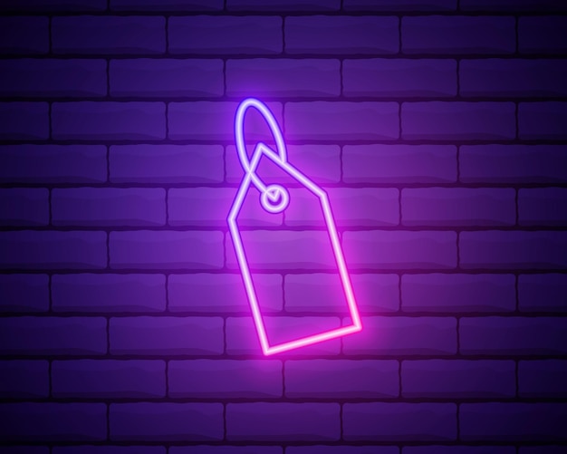 Glowing neon Blank label template price tag icon isolated on brick wall background Empty shopping discounts sticker Template discount banner Vector Illustration