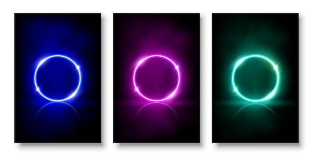 Glowing neon circles with sparkles in fog abstract background set round electric light frames