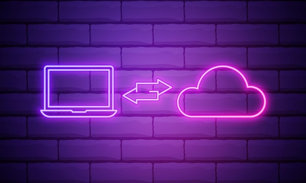 Glowing neon Cloud technology data transfer and storage icon isolated on brick wall background Vector Illustration