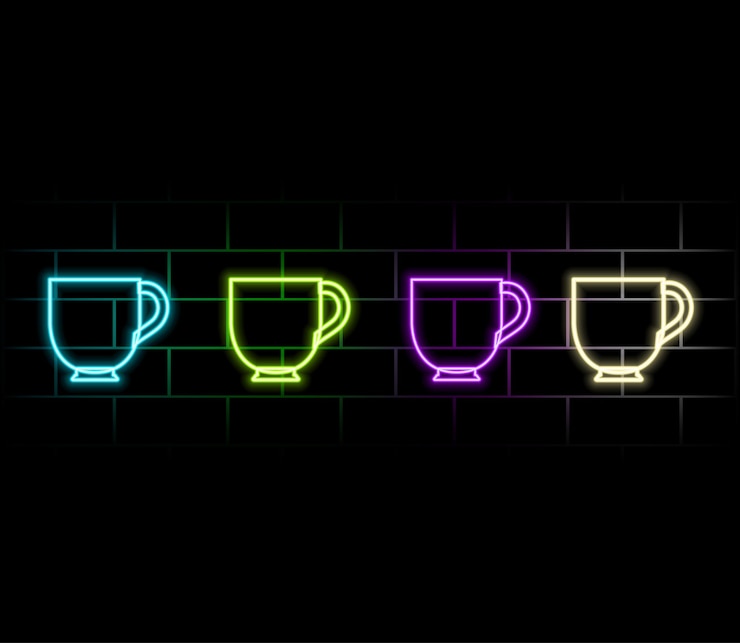 Vector glowing neon coffee cup on a dark brick wall background light effect hot beverage or cafe sign vecto