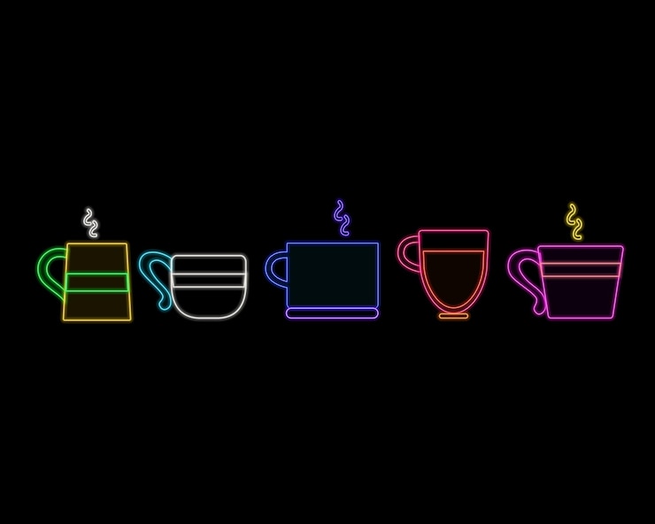 Vector glowing neon coffee cup sign in circle frames on a dark brick wall backgroundcoffee cup neon sign ve